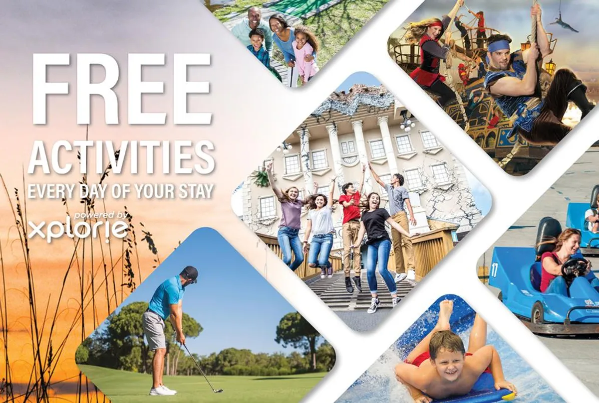An energetic collage of families enjoying golf, water park fun, themed entertainment, and swimming. The image conveys excitement, variety, and the spirit of adventure, aligning with the Free Fun Program and included local attractions.