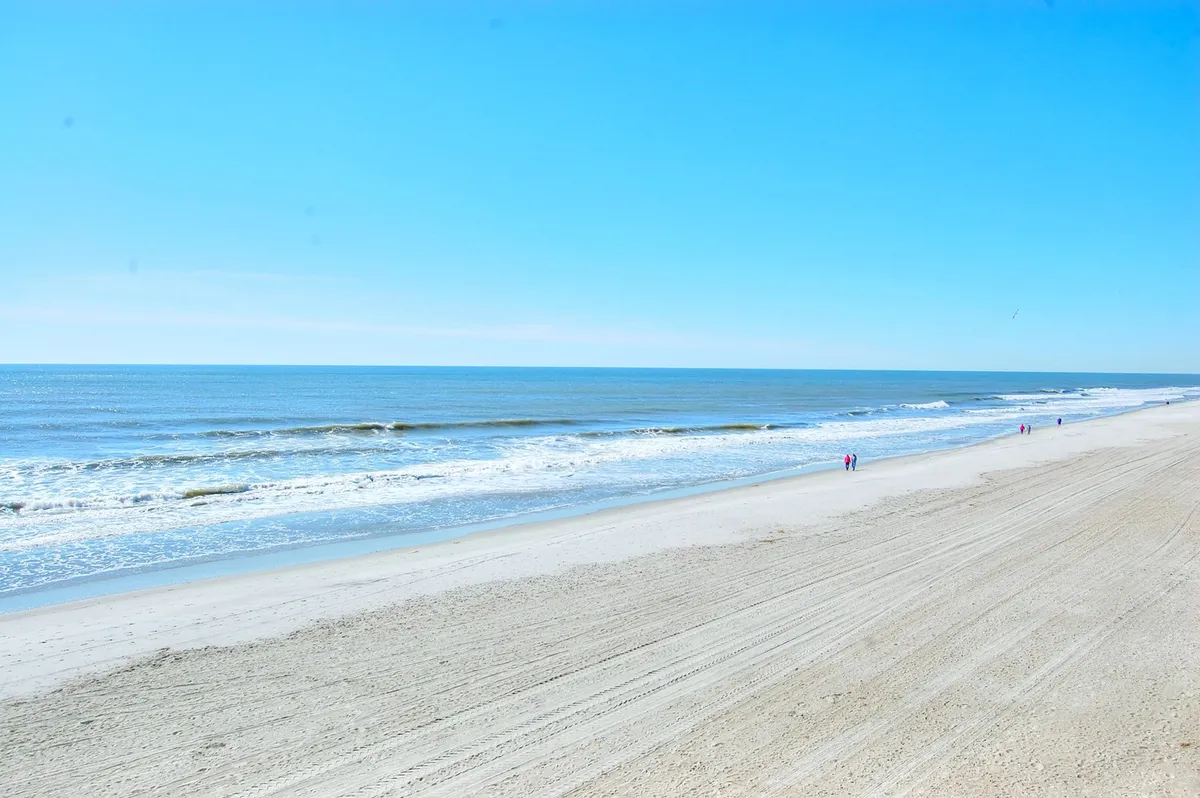 A panoramic view of the ocean with gentle waves meeting the sandy shore under a soft, relaxed sky. The scene captures the allure of the Myrtle Beach shoreline and the calming effect of seaside surroundings, perfect for unwinding or enjoying outdoor activities.